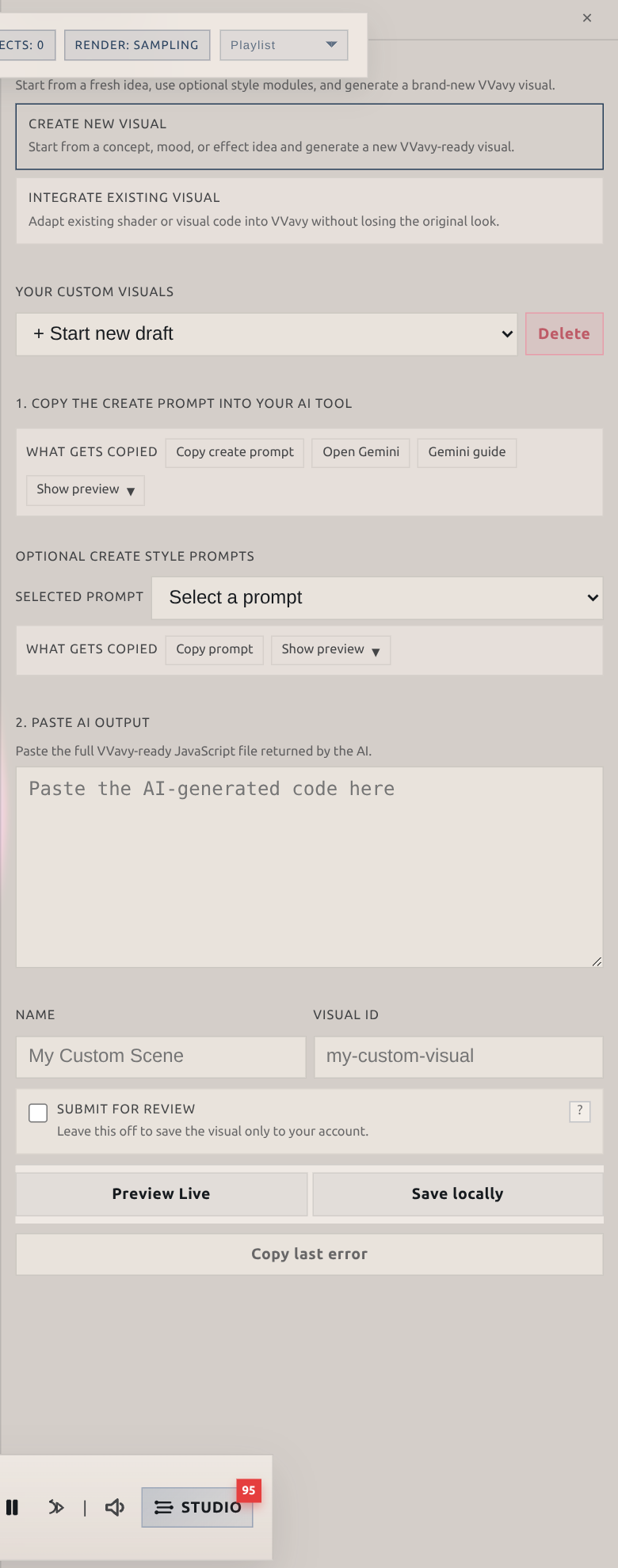Updated VVavy custom visual editor showing separate Create New Visual and Integrate Existing Visual workflow options.