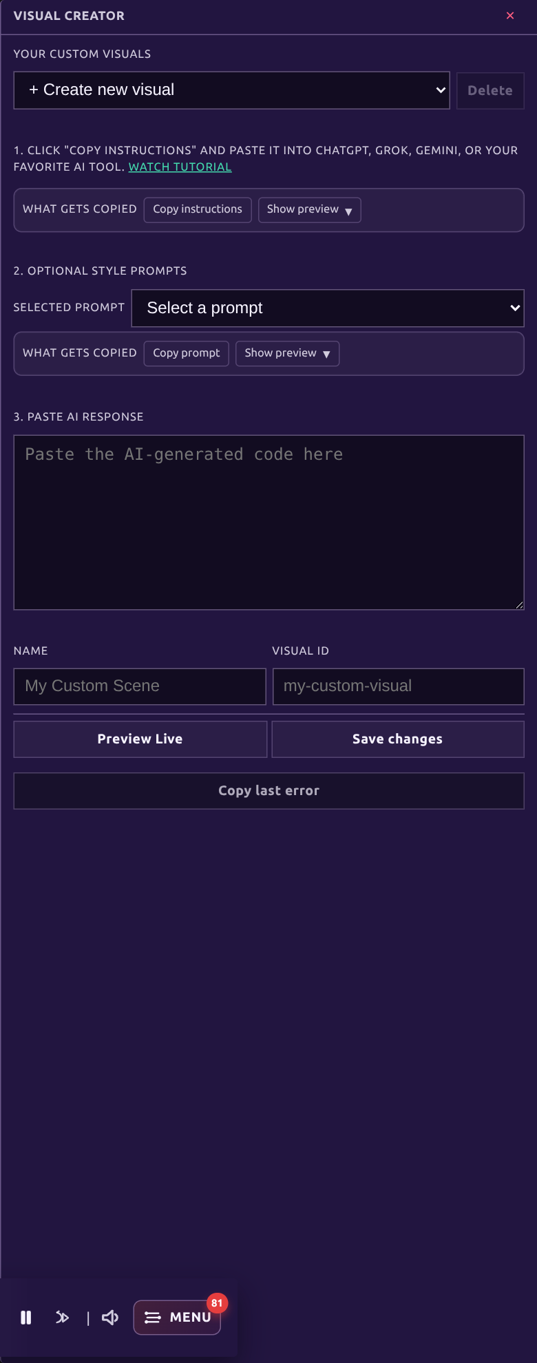Older VVavy custom visual editor with one single instruction flow and no split between create and integrate.