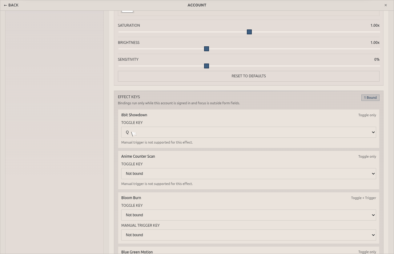 VVavy account settings showing the Effect Keys controls for a signed-in user with 8bit Showdown bound to the Q key.