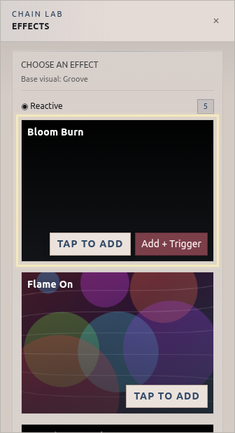 VVavy Chain Lab panel with an effect card highlighted and its Tap To Add action visible.