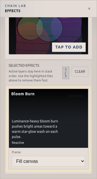 VVavy Selected Effects section showing a newly added effect card in the stack with its frame control visible.