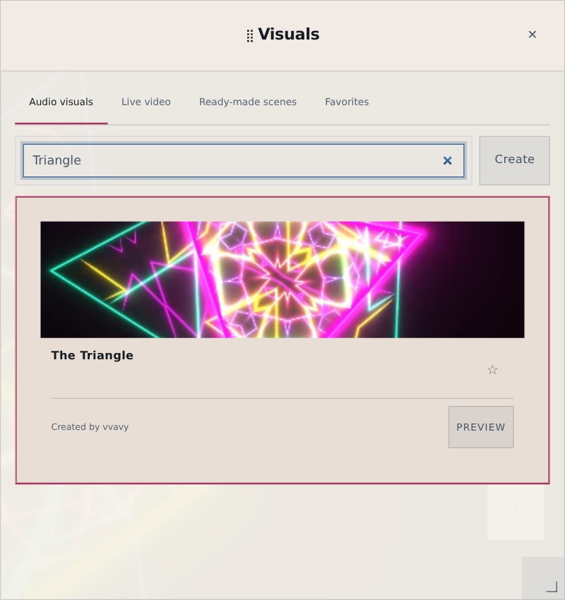 VVavy Visuals panel showing The Triangle selected as the audio-reactive base visual.
