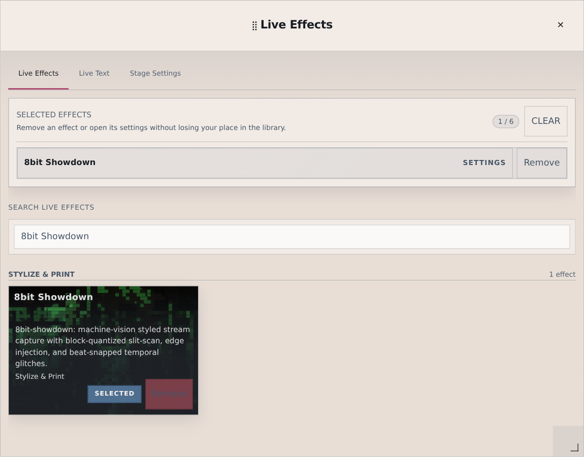 VVavy Live Effects library showing an effect being added above the selected base visual.