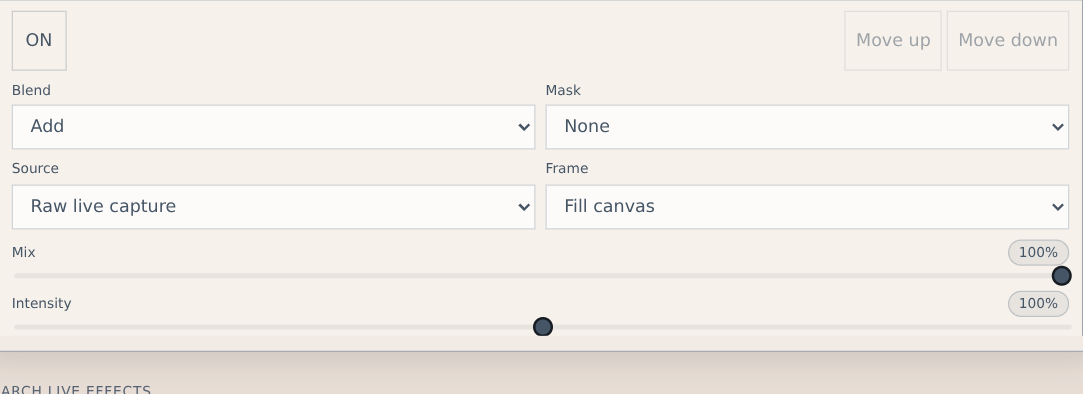 VVavy selected effect settings with Blend set to Add and Source set to Raw live capture.
