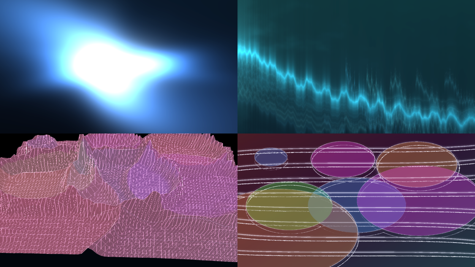 Collage of VVavy visuals showing Gaussian splat clouds, optical-flow rivers, live depth mesh, and depth outline staging.